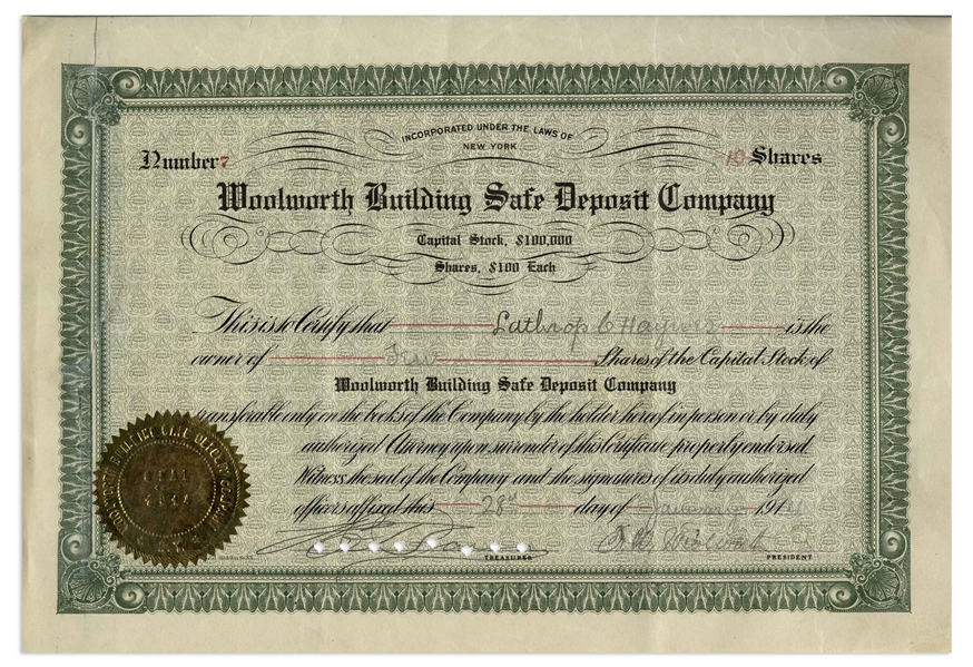 F.W. Woolworth Signed Stock Certificate for the Woolworth Building Safe Deposit Company -- From 1914 Shortly After the Historic Woolworth Building Was Completed